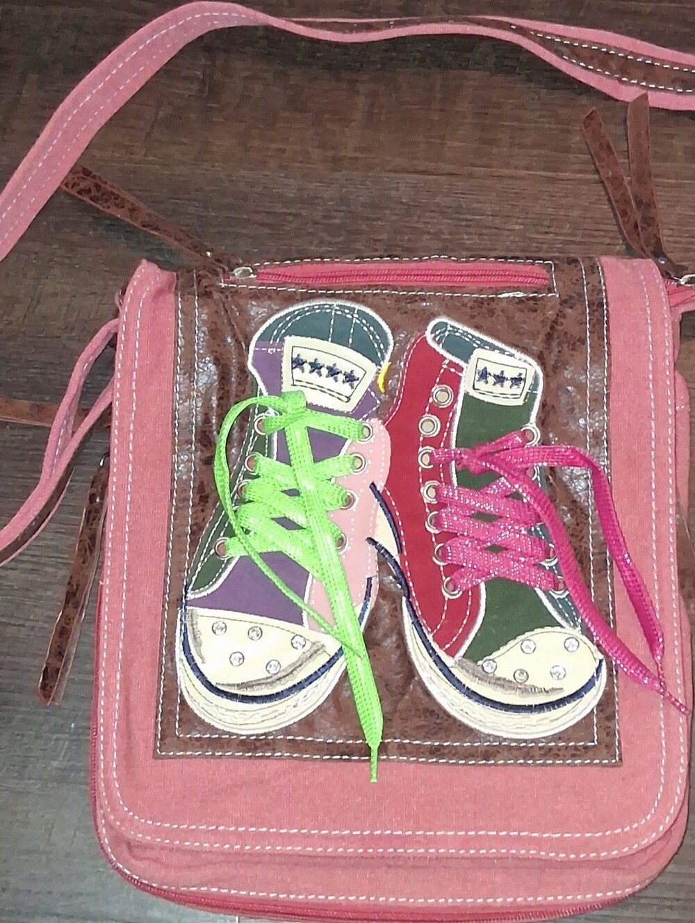 Y2k Pink Crossbody Bag with Colorful Sneaker Appliqué